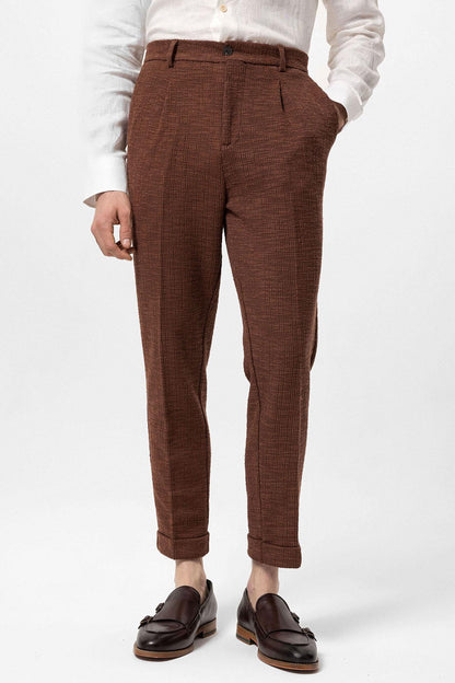 Men's Dark Brown Textured Pleated Double Leg Trousers