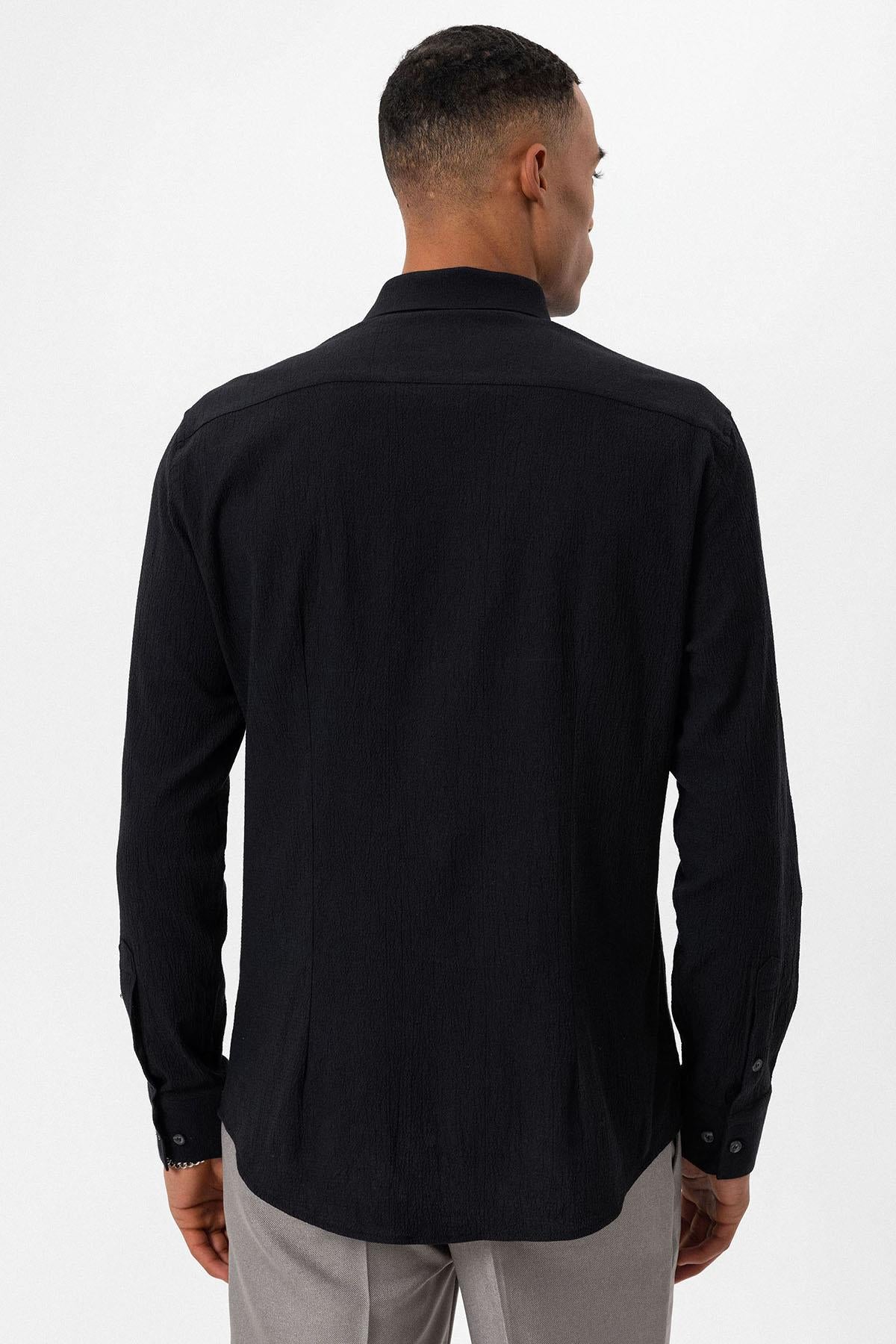 Men's Black Textured Regular Fit Shirt