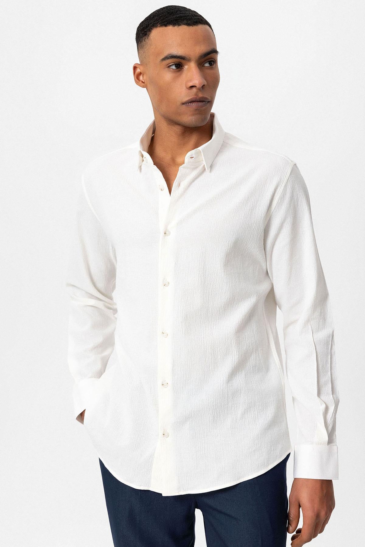 Men's White Textured Regular Fit Shirt -