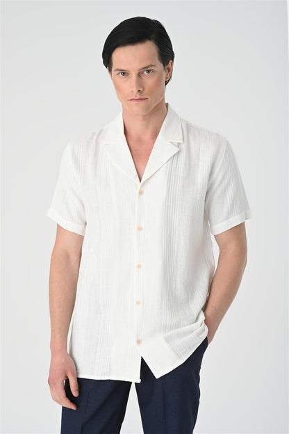 Men's White Woven Patterned Short Sleeve Shirt