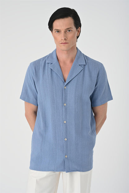 KOALA SYDNEY  Men's Light Blue Woven Patterned Short Sleeve Shirt -