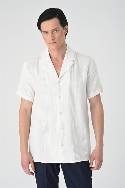 Men's White Woven Patterned Short Sleeve Shirt
