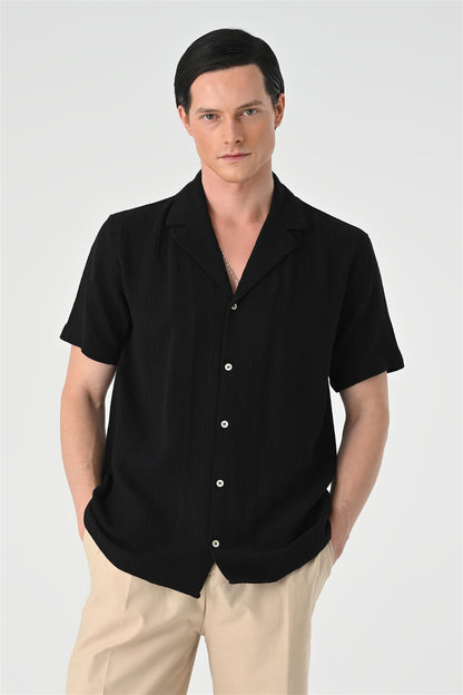 KOALA SYDNEY  Men's Black Woven Patterned Short Sleeve Shirt -