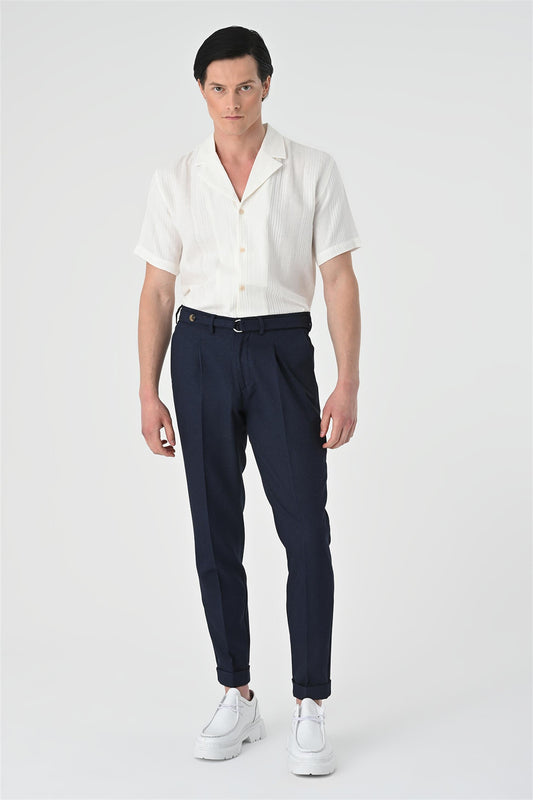 Men's White Woven Patterned Short Sleeve Shirt -