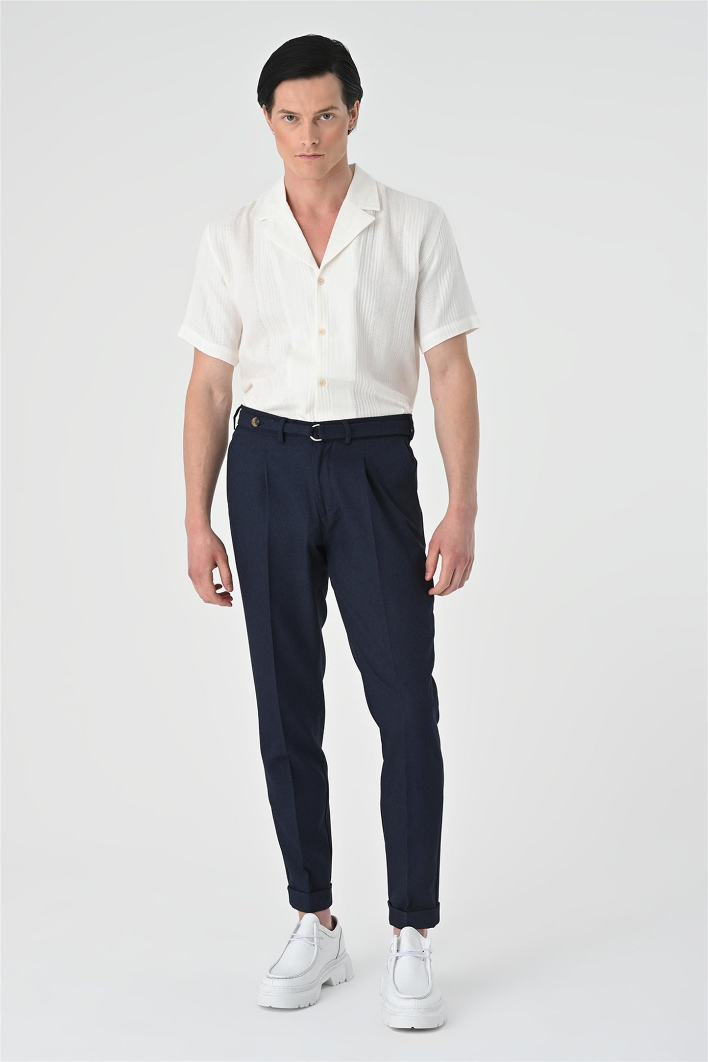 Men's White Woven Patterned Short Sleeve Shirt