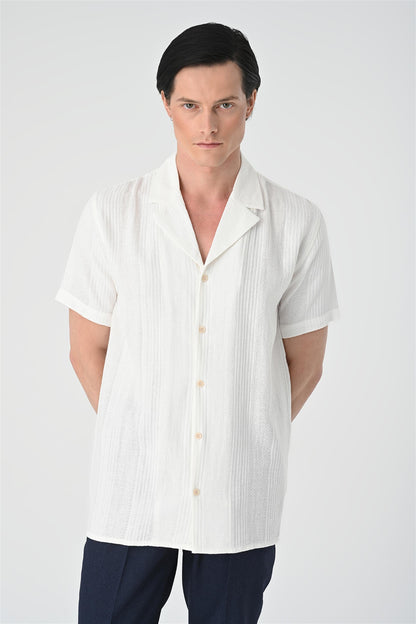 Men's White Woven Patterned Short Sleeve Shirt