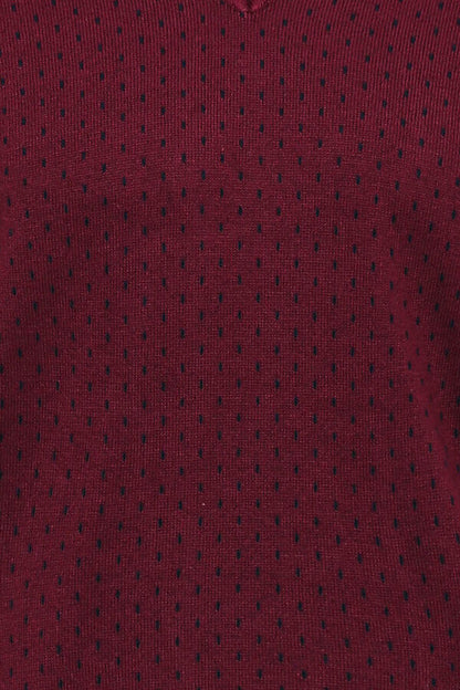Dot Patterned V Neck Burgundy Sweater