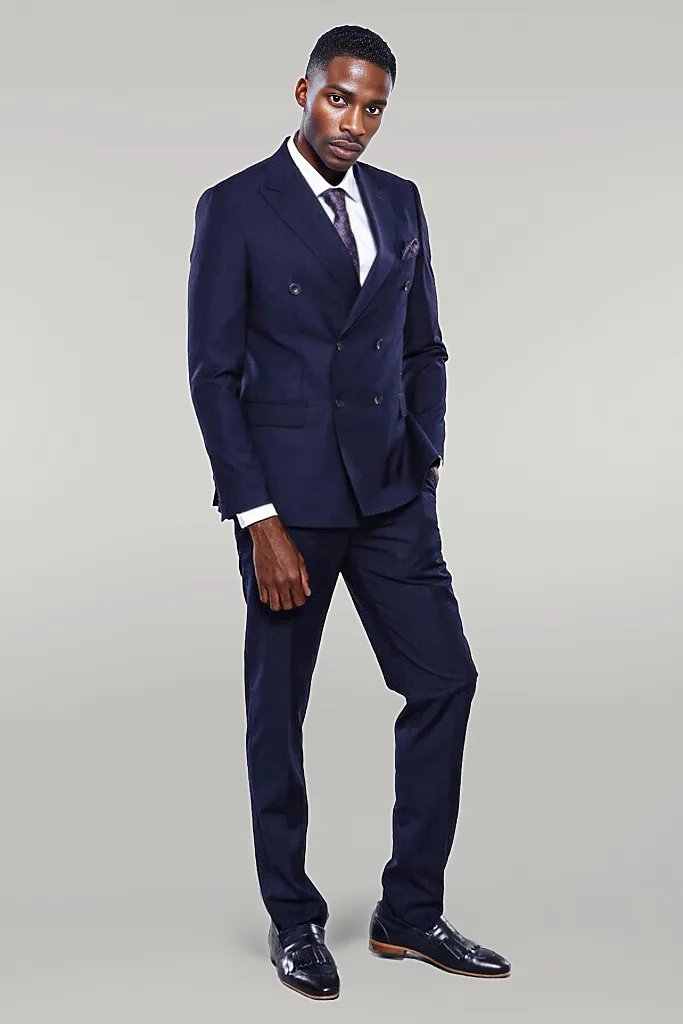 Double Breasted Slim Fit Navy Blue Men Suit