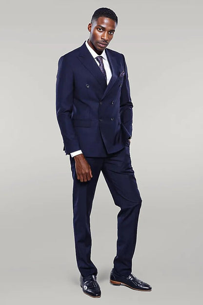 Double Breasted Slim Fit Navy Blue Men Suit