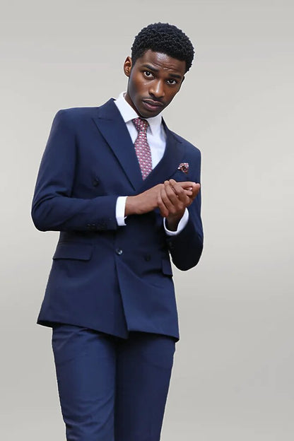 Double Breasted Slim Fit Navy Blue Men Suit