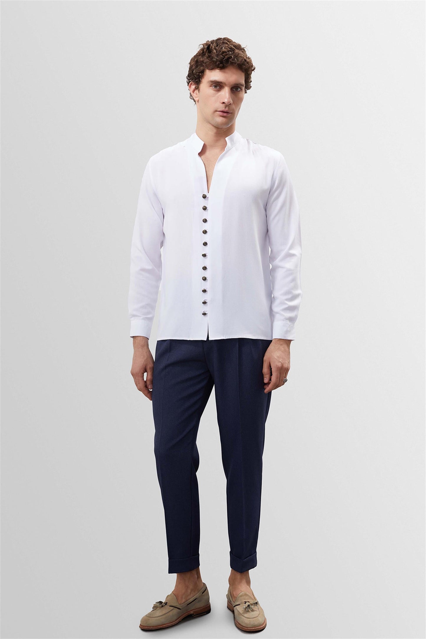Men's White Button Detail Stand Collar Shirt -