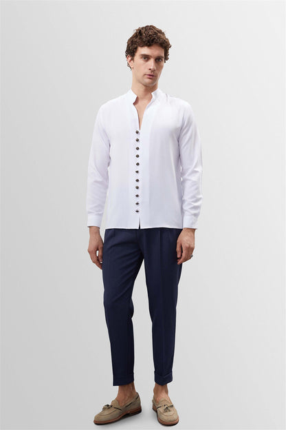 Men's White Button Detail Stand Collar Shirt -
