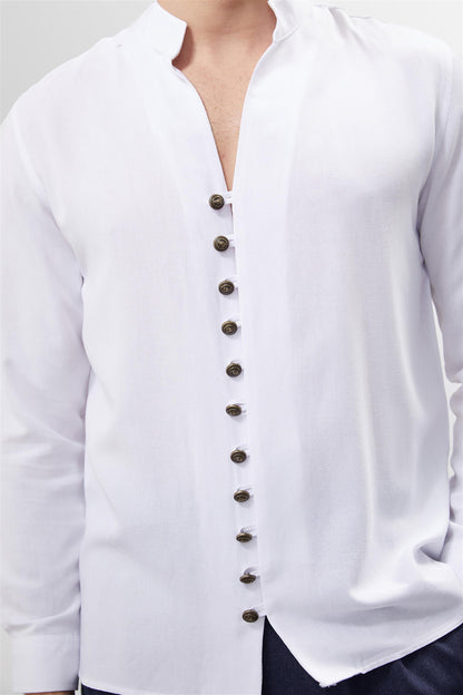 Men's White Button Detail Stand Collar Shirt