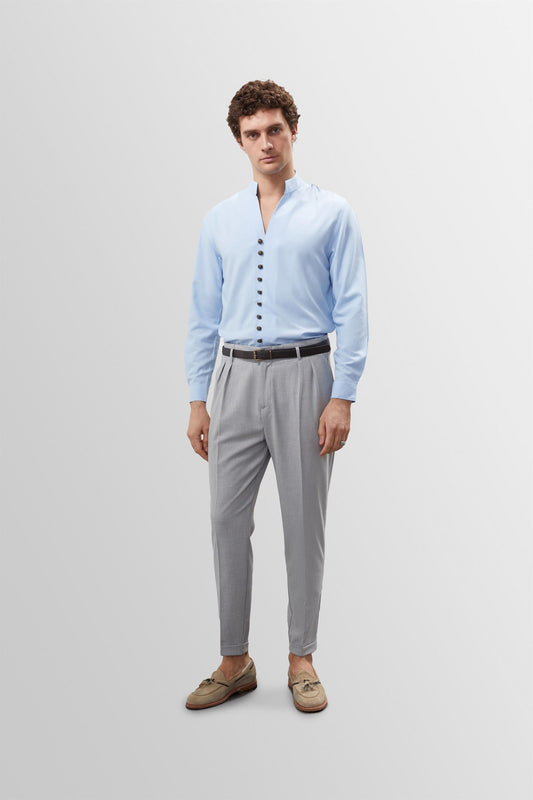 Men's Baby Blue Button Detailed Stand Up Collar Shirt -