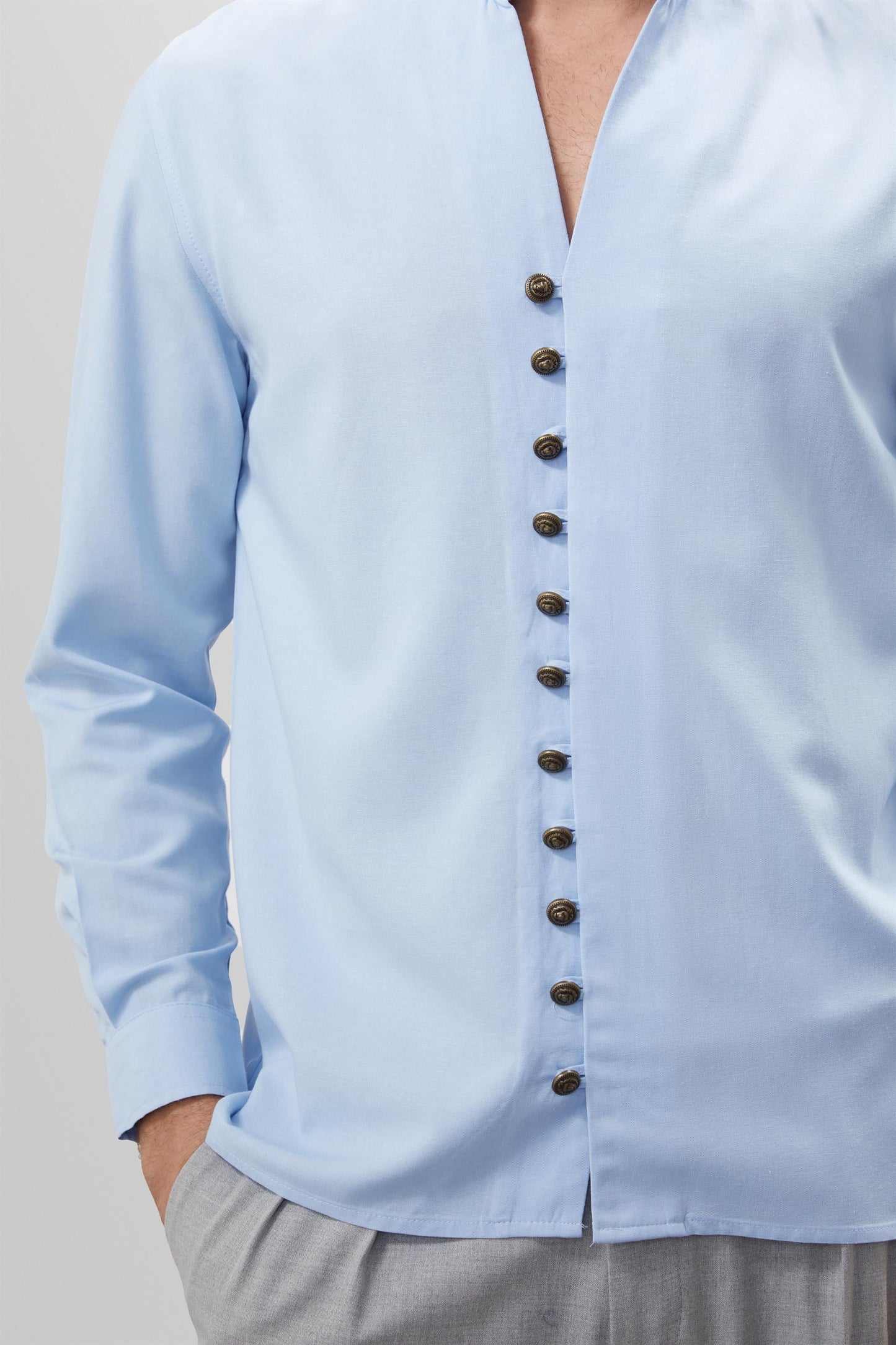 Men's Baby Blue Button Detailed Stand Up Collar Shirt