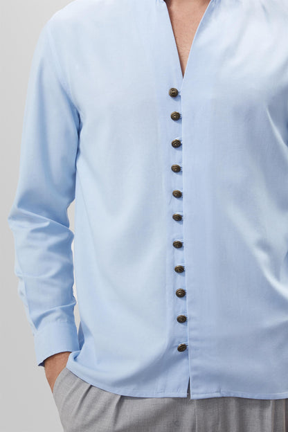 Men's Baby Blue Button Detailed Stand Up Collar Shirt