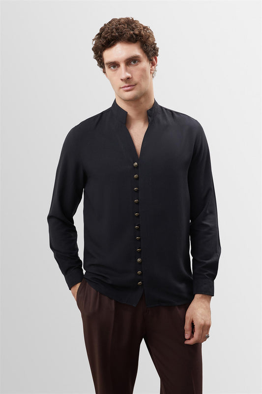 Men's Black Button Detailed Stand Up Collar Shirt -