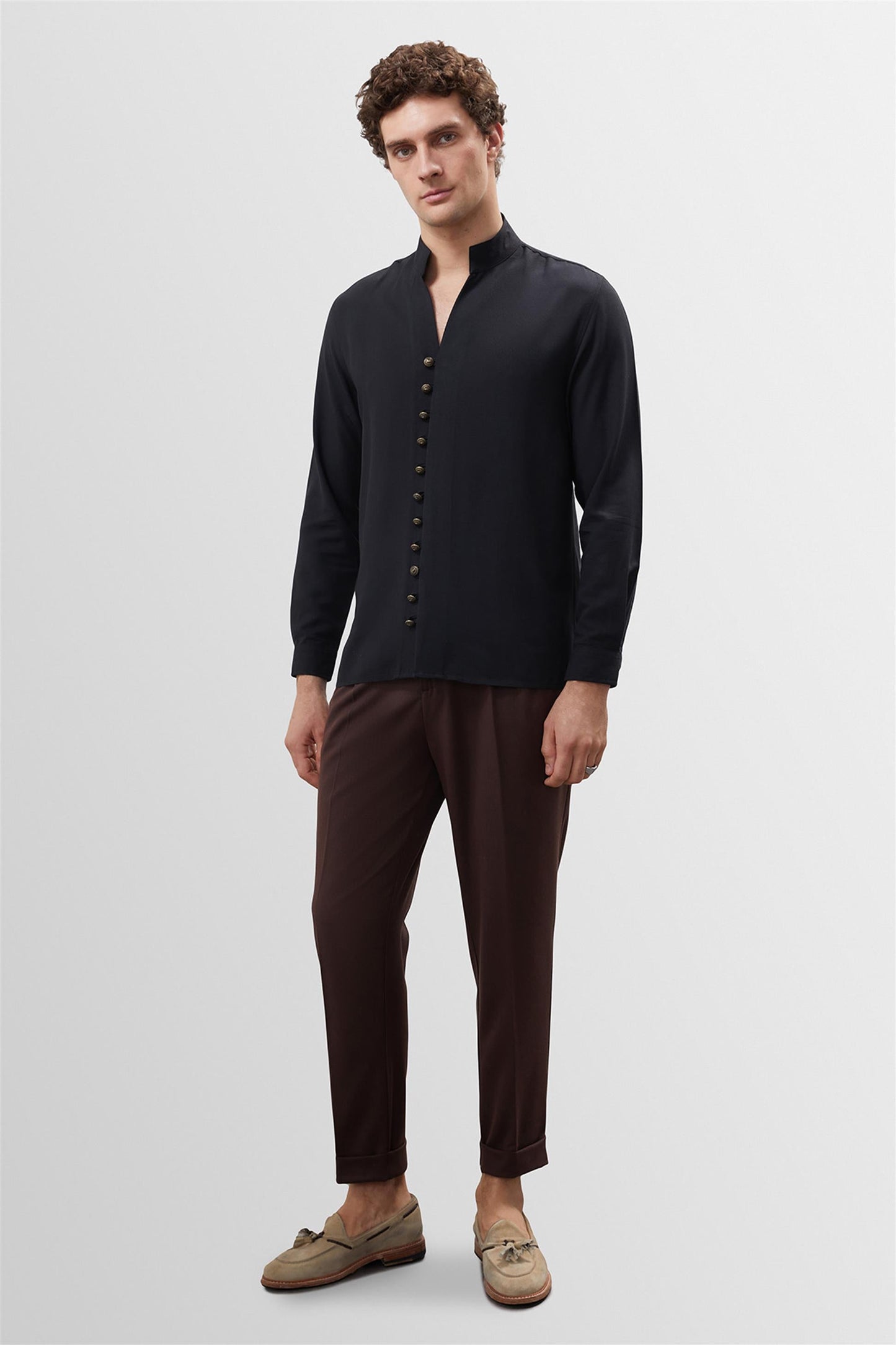 Men's Black Button Detailed Stand Up Collar Shirt -