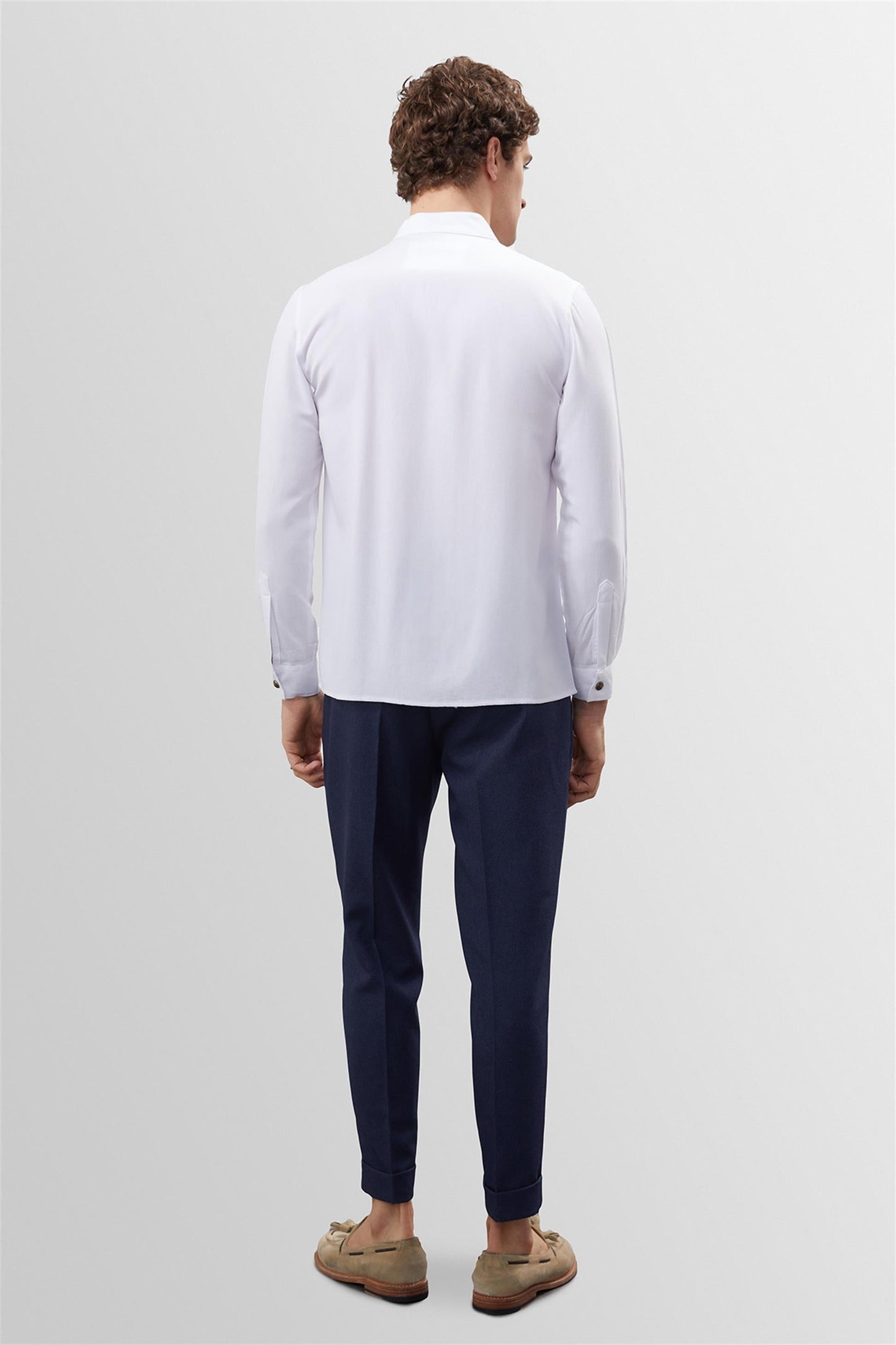 Men's White Button Detail Stand Collar Shirt