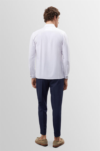 Men's White Button Detail Stand Collar Shirt -
