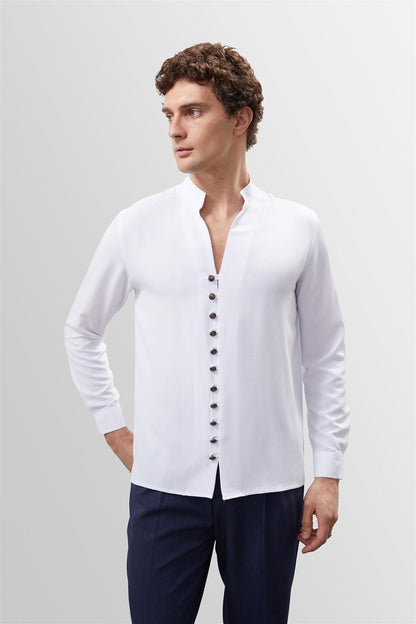 Men's White Button Detail Stand Collar Shirt -