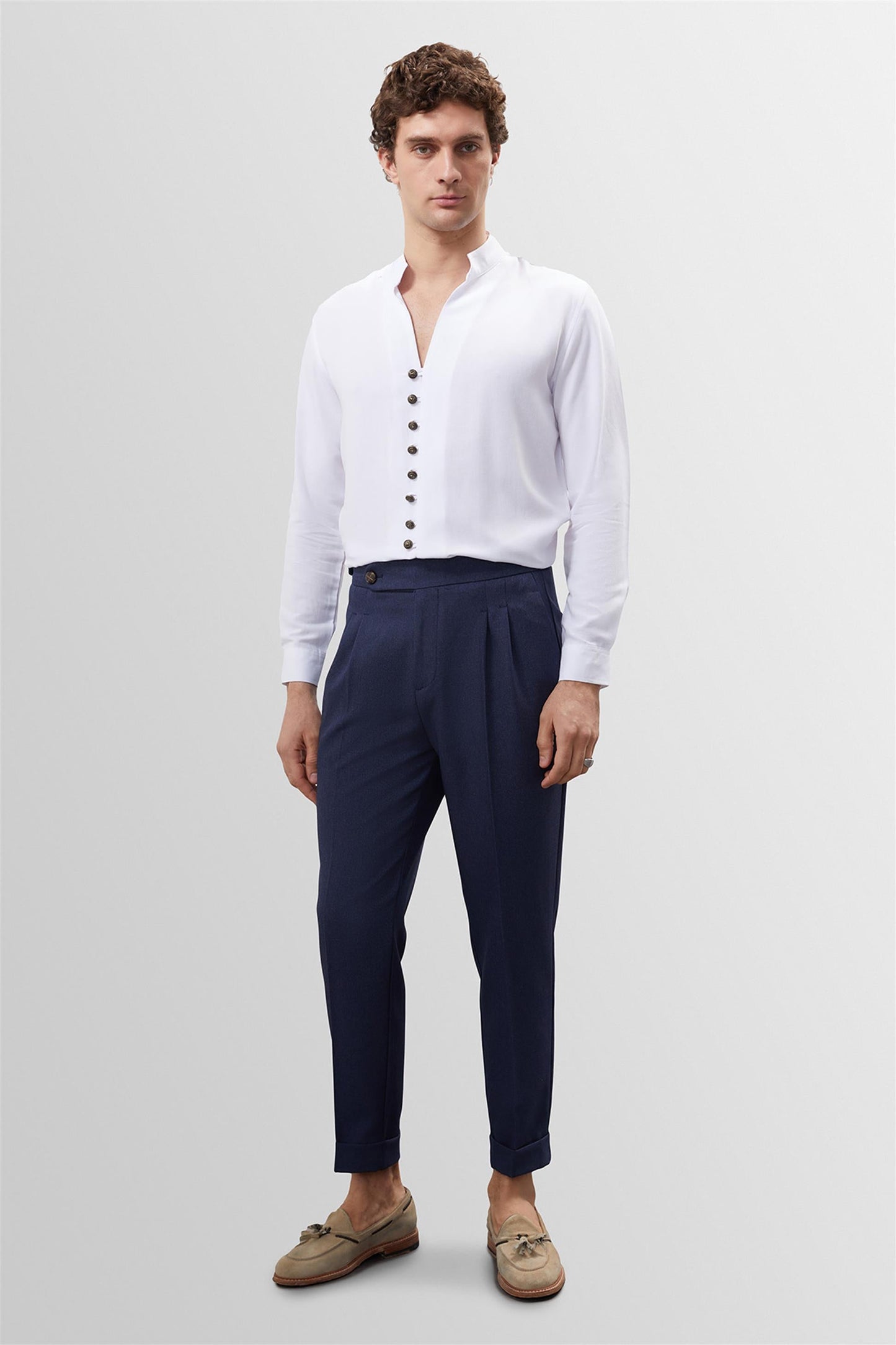 Men's White Button Detail Stand Collar Shirt