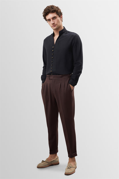 Men's Black Button Detailed Stand Up Collar Shirt