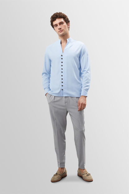 Men's Baby Blue Button Detailed Stand Up Collar Shirt
