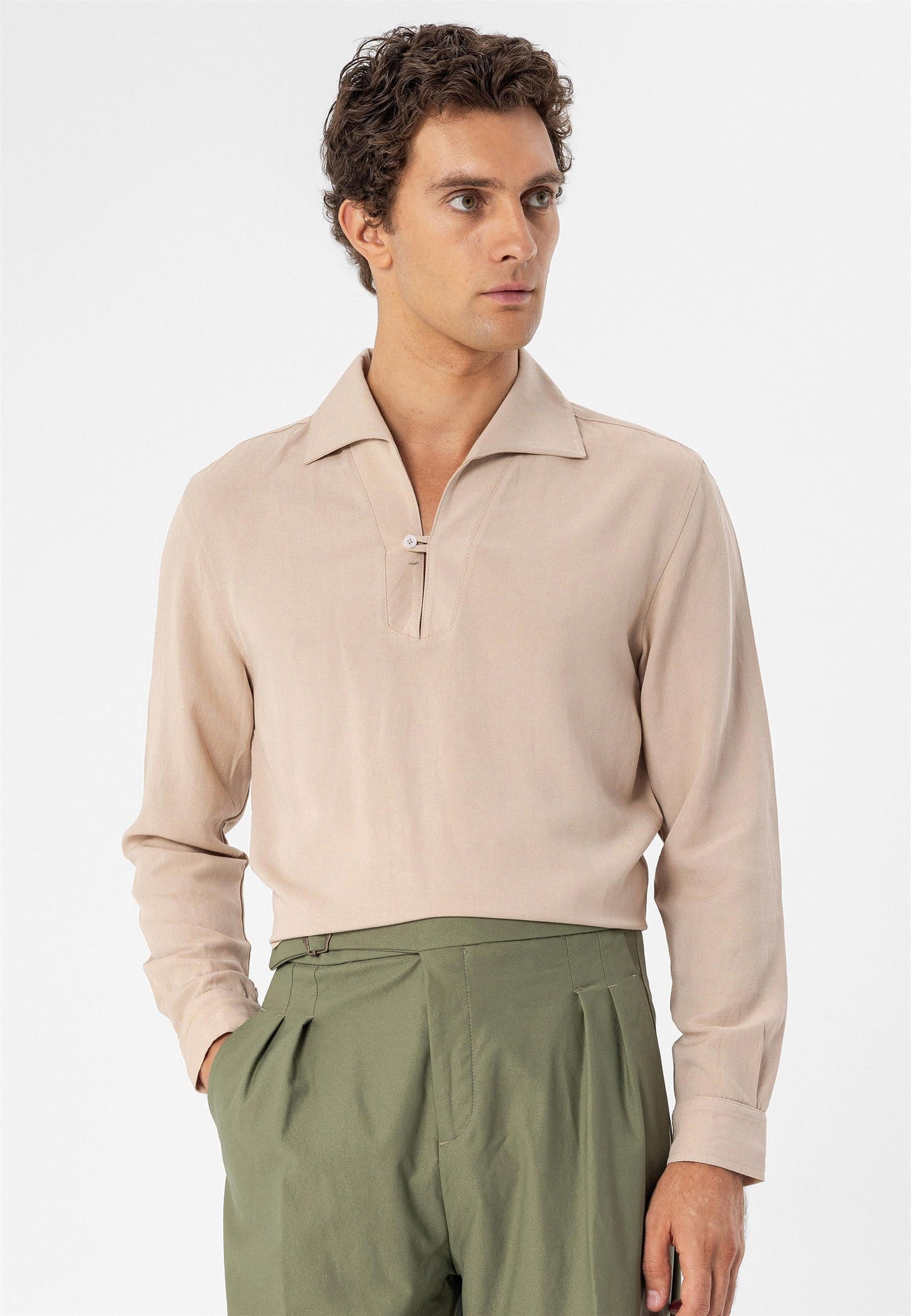 Men's Beige Button Detailed Shirt -