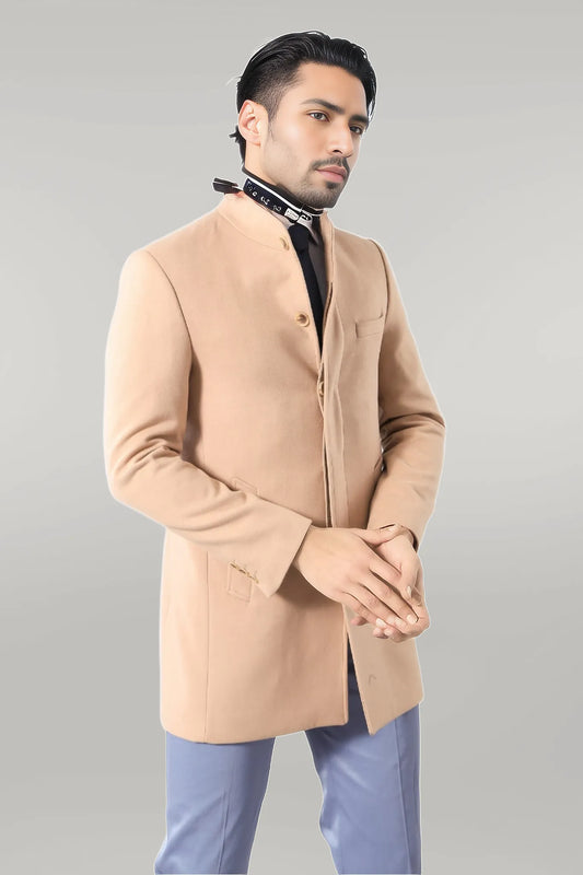 Mandarin Collar Beige Men's Long Men's Coat