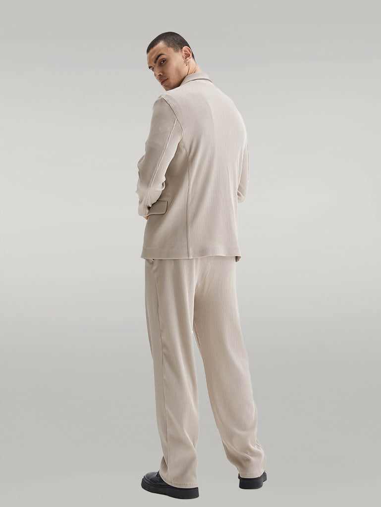 Men's Beige Ribbed Textured Oversize Suit - Wessi