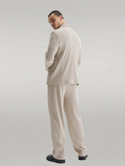 Men's Beige Ribbed Textured Oversize Suit - Wessi