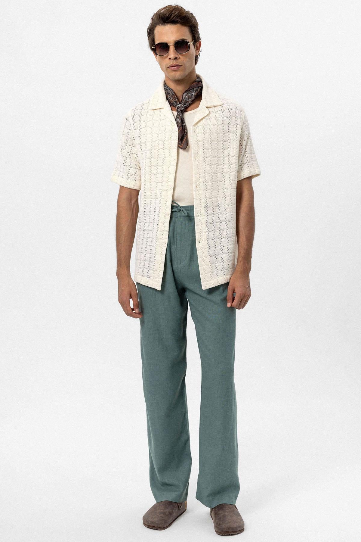 Men's Ecru Camp Collar Woven Shirt -