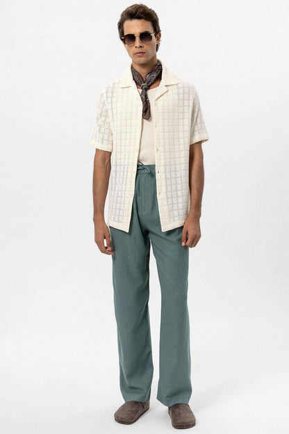 Men's Ecru Camp Collar Woven Shirt -