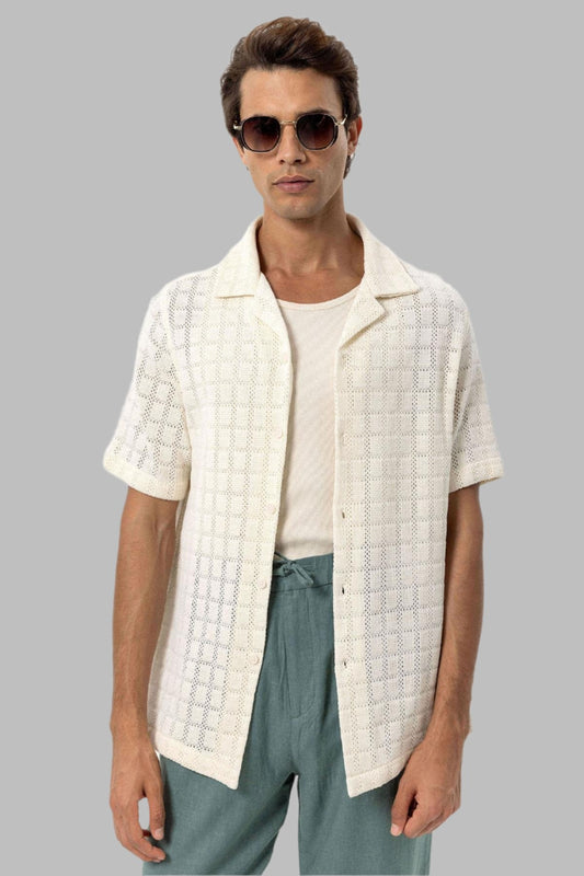 Men's Ecru Camp Collar Woven Shirt