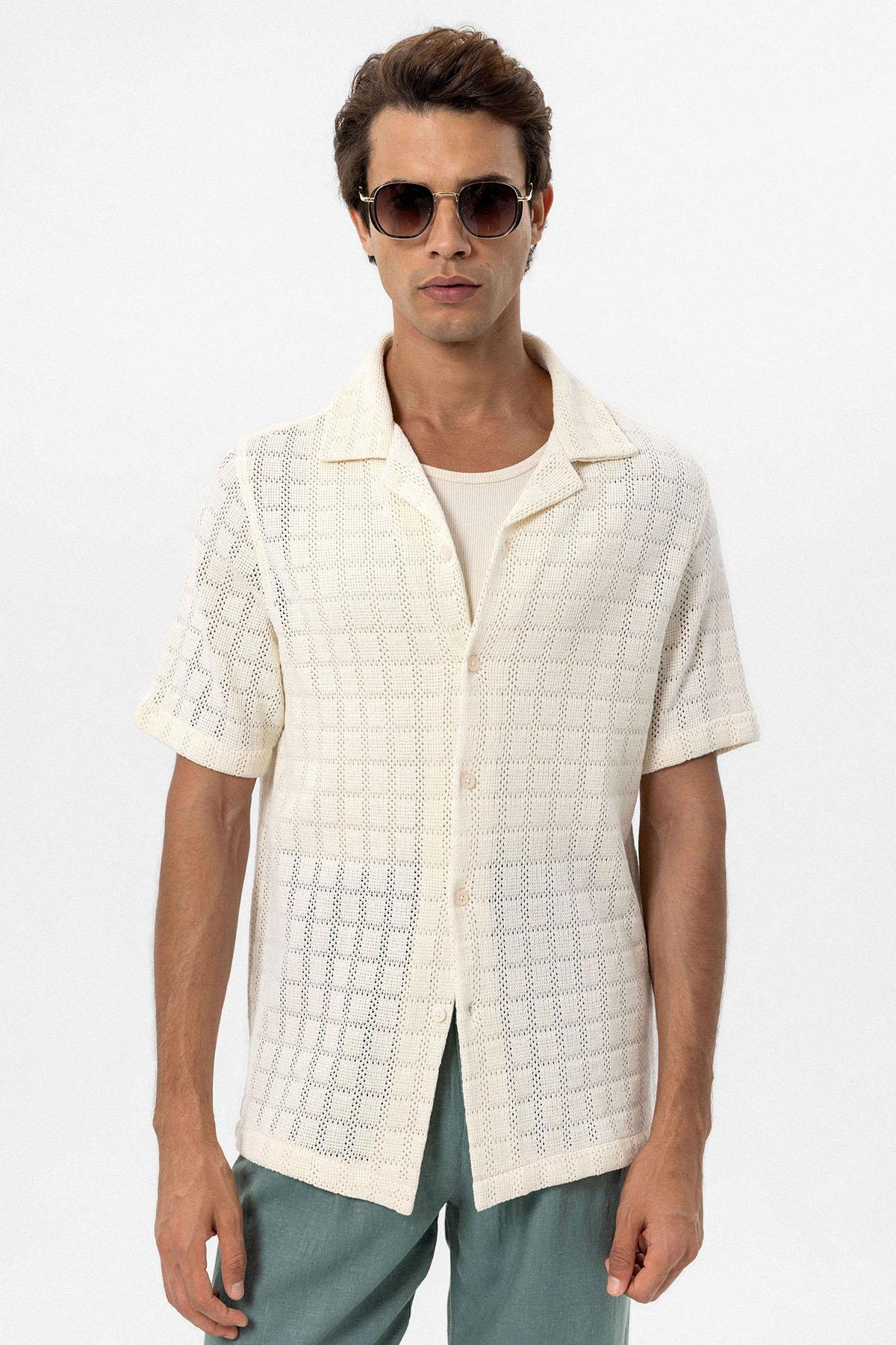 Men's Ecru Camp Collar Woven Shirt -