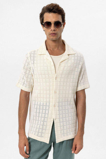 Men's Ecru Camp Collar Woven Shirt