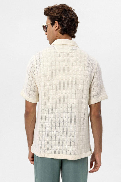 Men's Ecru Camp Collar Woven Shirt