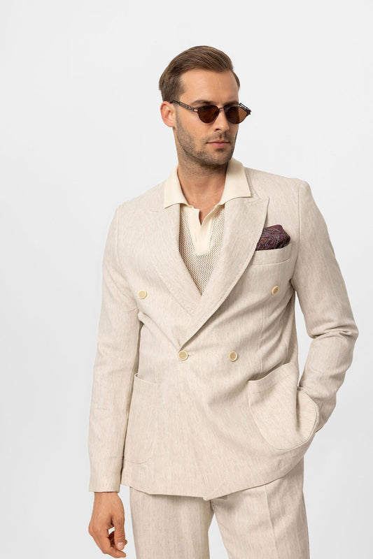 KOALA SYDNEY Men's Ecru-White Linen Blend Double-Breasted Jacket