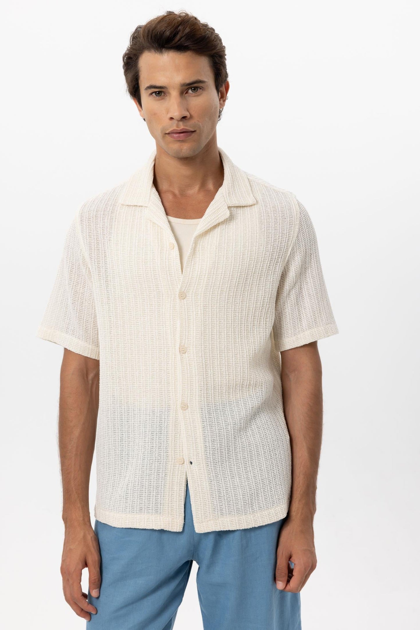 Men's Ecru Textured Crochet Shirt