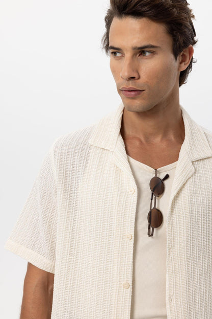 Men's Ecru Textured Crochet Shirt -
