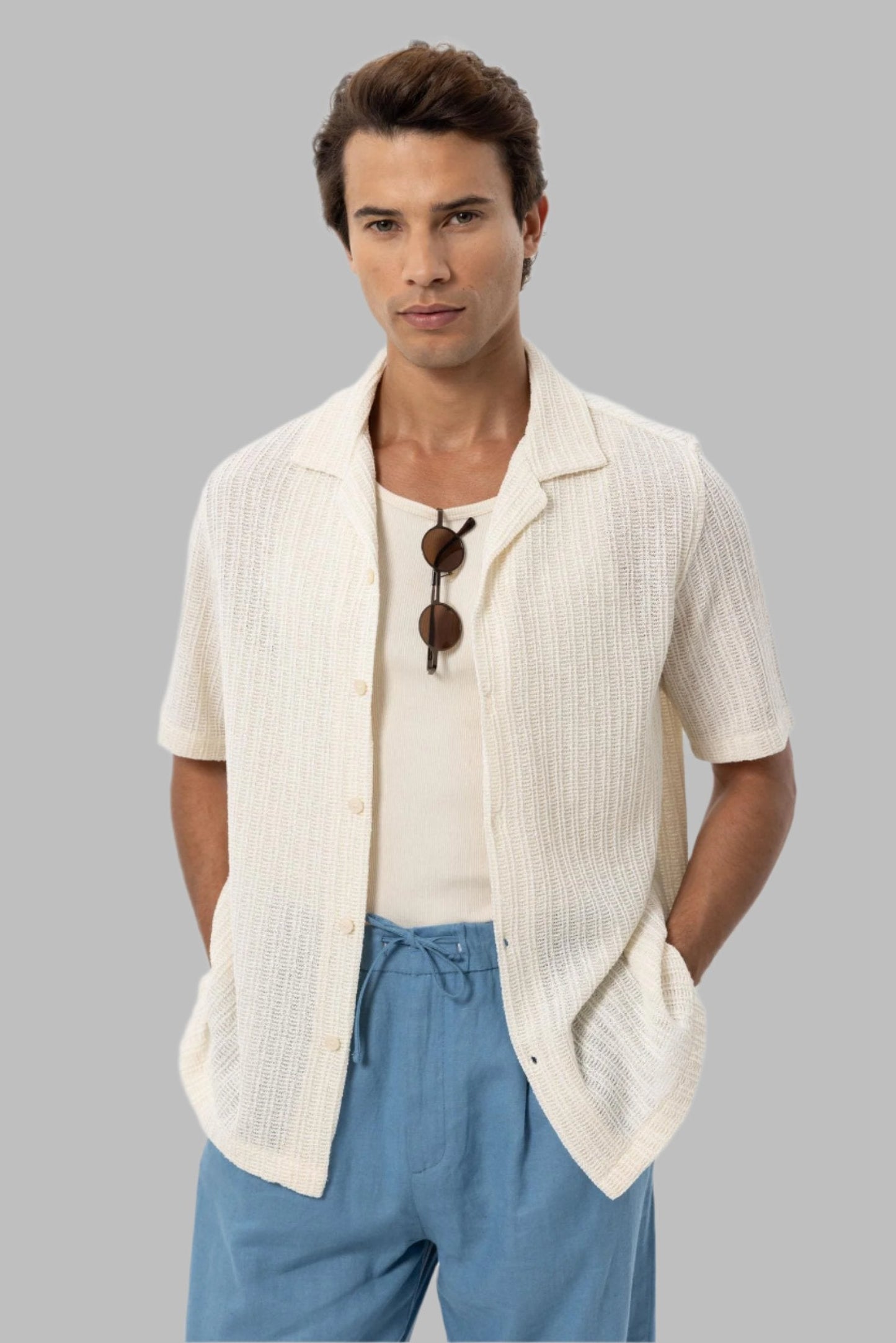Men's Ecru Textured Crochet Shirt -
