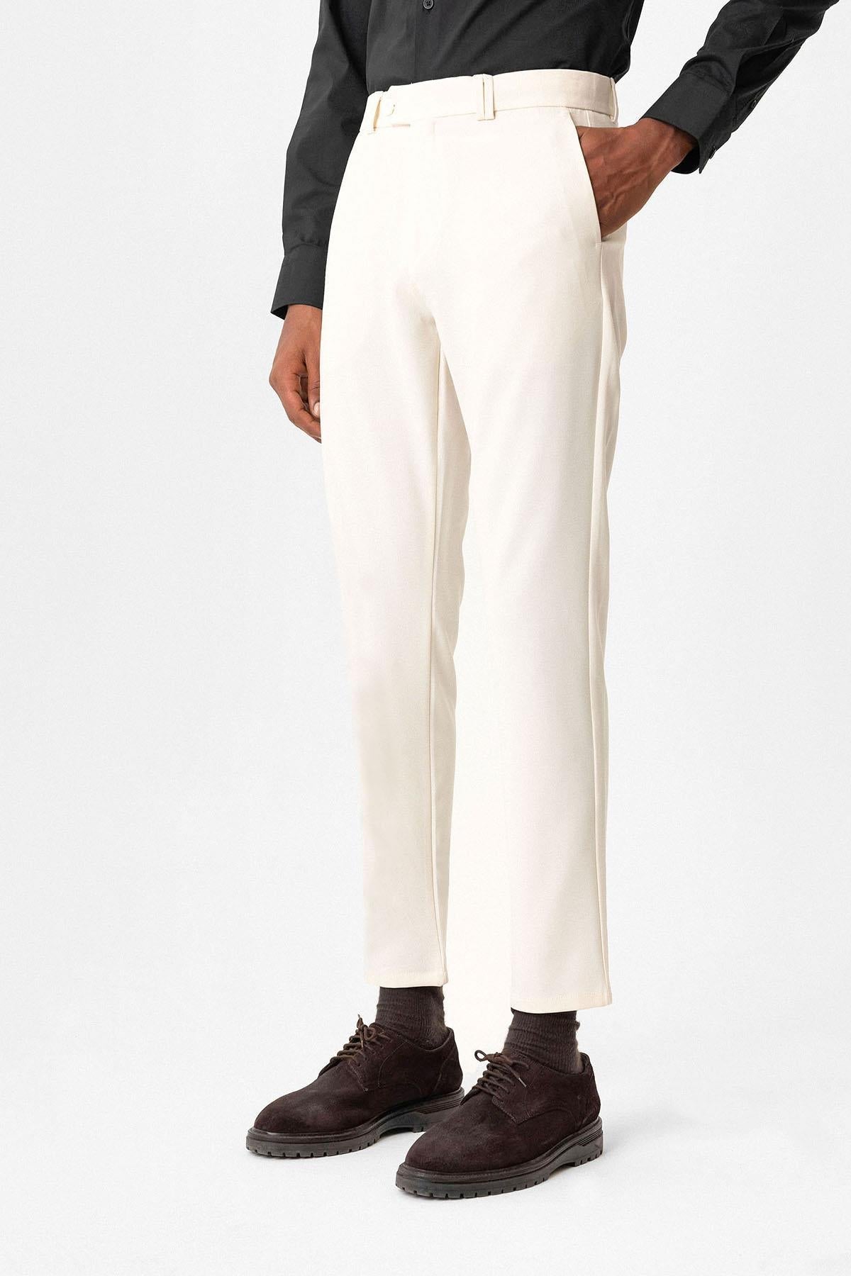 Ecru Men's Slim Fit Plain Accessory Fabric Trousers