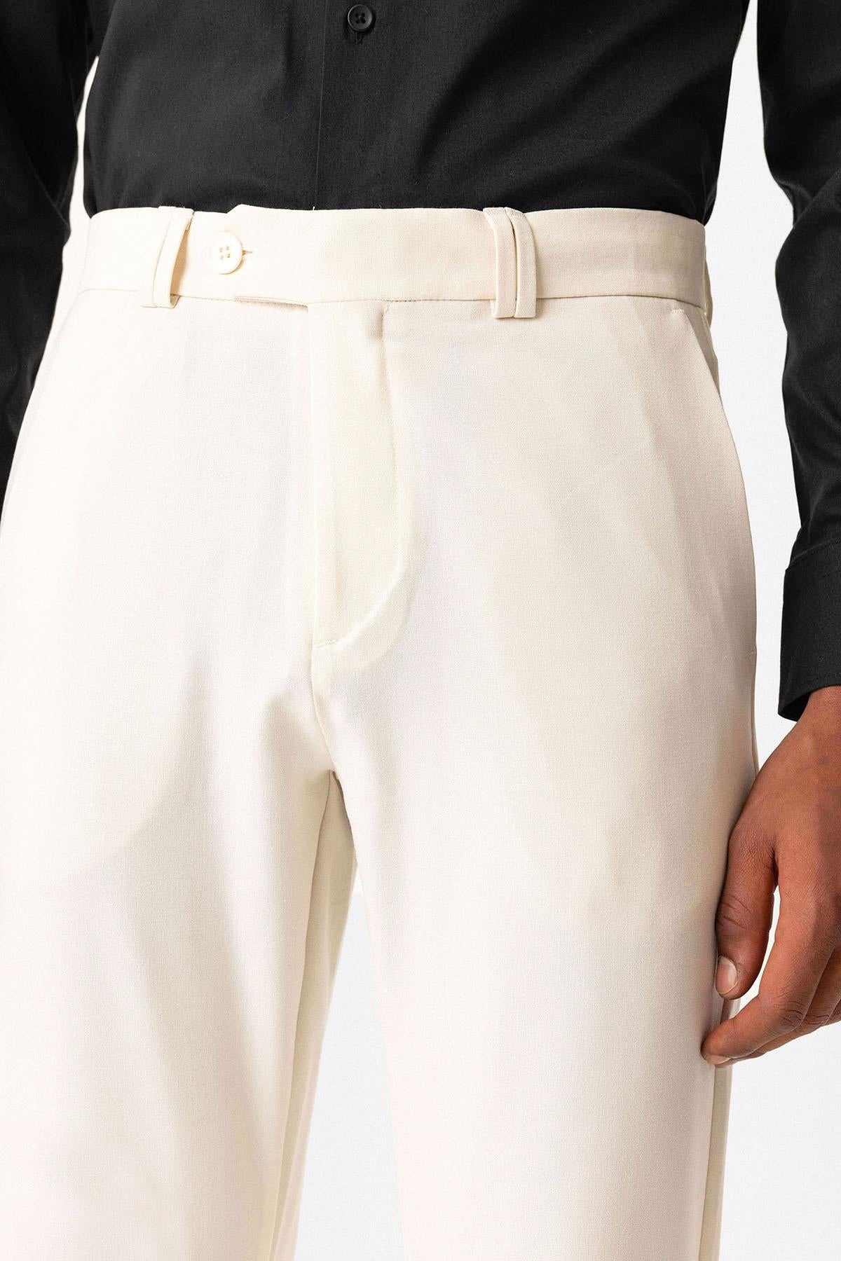 Ecru Men's Slim Fit Plain Accessory Fabric Trousers