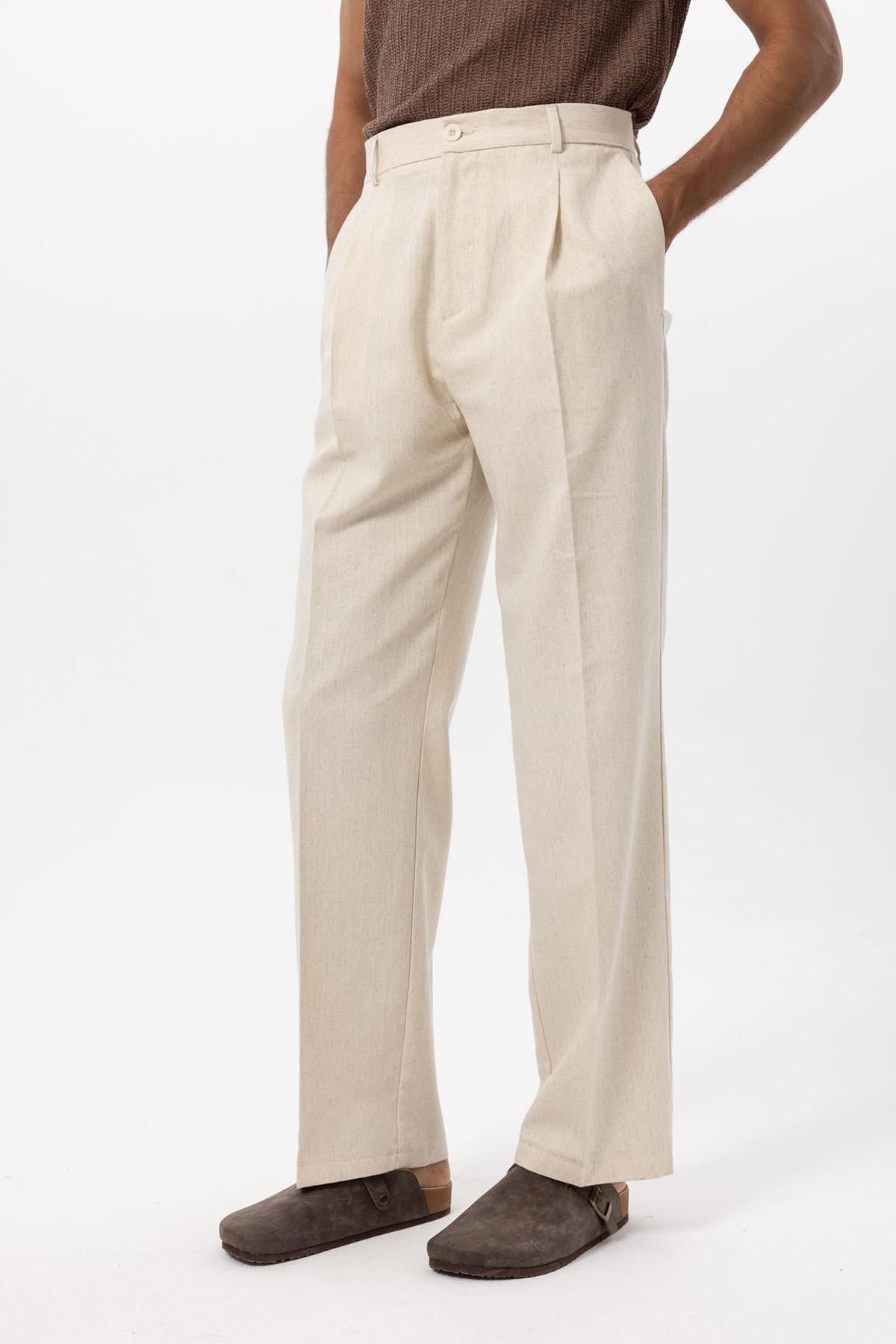 Men's Ecru Linen Blend Baggy Pants
