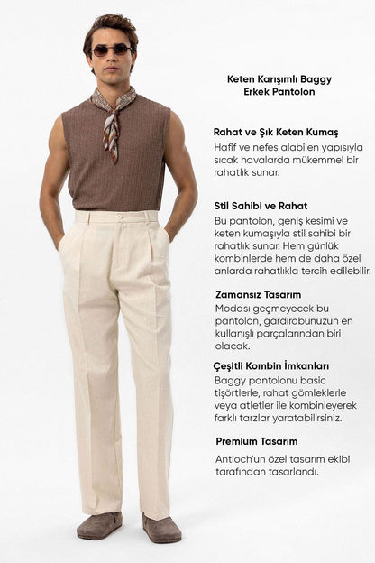Men's Ecru Linen Blend Baggy Pants
