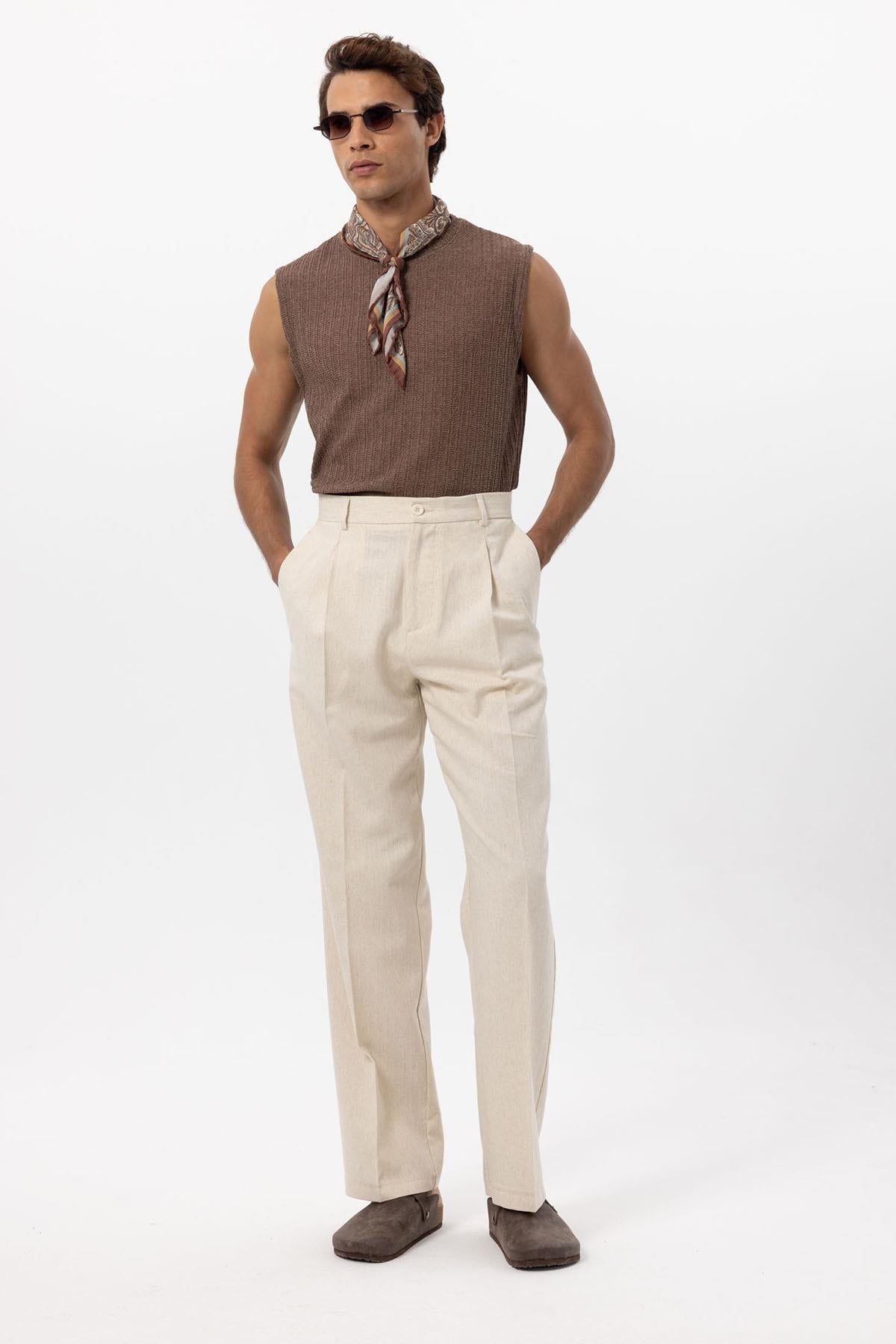 Men's Ecru Linen Blend Baggy Pants