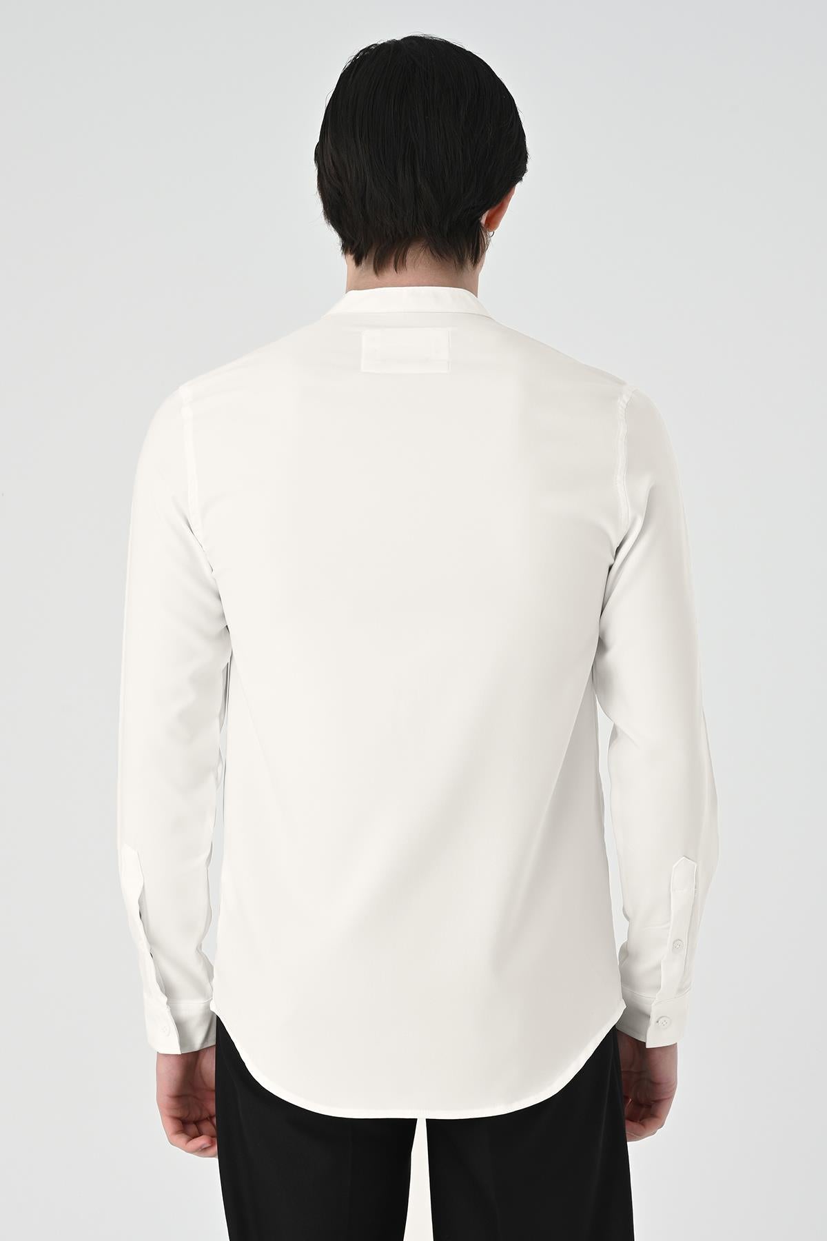 Men's Ecru Regular Fit Mandarin Collar Shirt