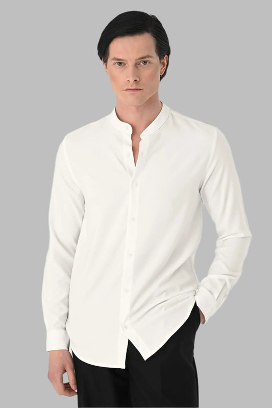 Men's Ecru Regular Fit Mandarin Collar Shirt