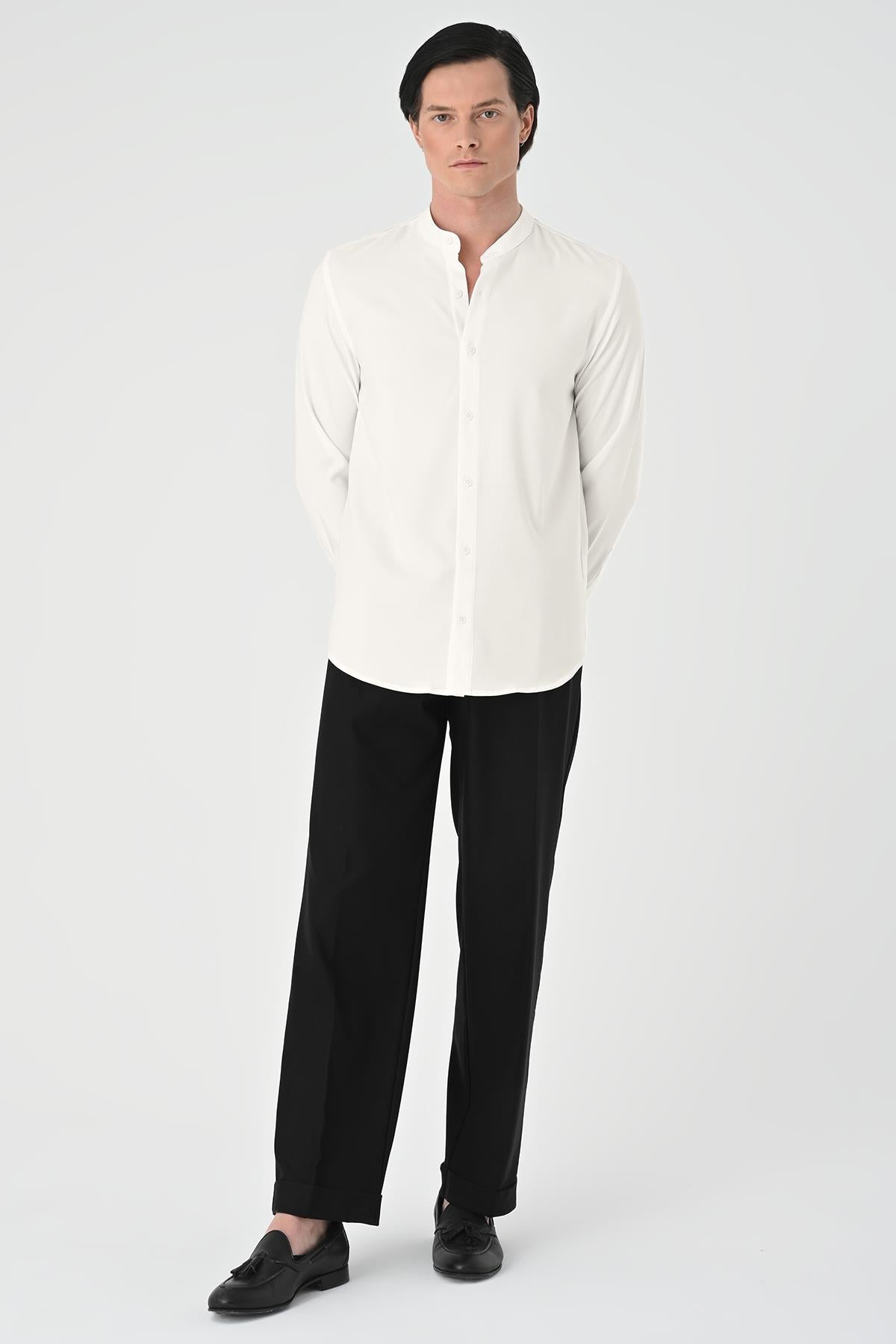 Men's Ecru Regular Fit Mandarin Collar Shirt